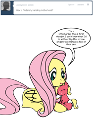 Size: 600x800 | Tagged: safe, artist:dekomaru, fluttershy, oc, oc:apple blossom, pegasus, pony, ask, baby, baby pony, female, mother and child, mother and daughter, offspring, parent and child, parent:big macintosh, parent:fluttershy, parents:fluttermac, prone, tumblr, tumblr:ask twixie