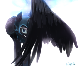 Size: 1096x923 | Tagged: safe, artist:jiayi, nightmare moon, alicorn, pony, covering, evil grin, grin, looking at you, simple background, smiling, solo, white background, wing covering