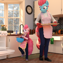 Size: 1500x1500 | Tagged: safe, artist:tahublade7, cup cake, pinkie pie, anthro, earth pony, plantigrade anthro, 3d, apron, baking, bowl, clothes, cookie, cute, daz studio, diapinkes, ear piercing, earring, female, filly, filly pinkie pie, food, jewelry, kitchen, looking at each other, mare, not sfm, oven mitts, pants, piercing, shirt, smiling, tray, younger