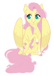 Size: 1000x1414 | Tagged: safe, artist:softbuttdoodles, fluttershy, pegasus, pony, chest fluff, colored hooves, looking away, looking sideways, no pupils, raised hoof, scar, simple background, sitting, solo, white background, wings