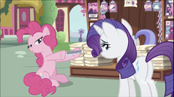 Size: 1324x740 | Tagged: safe, screencap, pinkie pie, rarity, earth pony, pony, unicorn, it isn't the mane thing about you, discovery family logo, female, mare