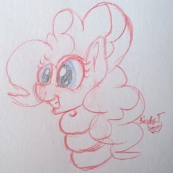 Size: 1796x1796 | Tagged: safe, artist:binkyt11, derpibooru exclusive, pinkie pie, earth pony, pony, it isn't the mane thing about you, coiling, female, grin, impossibly long neck, mare, pencil drawing, smiling, solo, spiral, traditional art, twisted neck