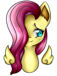 Size: 750x1000 | Tagged: safe, artist:doodlescribs, fluttershy, pegasus, pony, blushing, bust, floating wings, hair over one eye, looking away, looking sideways, portrait, simple background, smiling, solo, white background, wings