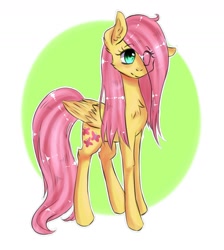 Size: 1310x1460 | Tagged: safe, artist:amybeam, fluttershy, pegasus, pony, chest fluff, ear fluff, eye clipping through hair, folded wings, hair over one eye, smiling, solo, standing