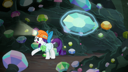 Size: 1920x1080 | Tagged: safe, screencap, rarity, pony, unicorn, dragon dropped, cave, clothes, female, gem, gem cave, hard hat, helmet, magic, magic aura, mare, mining helmet, solo, telekinesis