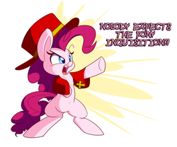 Size: 1800x1500 | Tagged: safe, artist:heir-of-rick, pinkie pie, earth pony, pony, bipedal, christianity, clothes, female, hat, mare, monty python, open mouth, simple background, solo, spanish inquisition