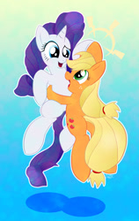 Size: 758x1200 | Tagged: safe, artist:stec-corduroyroad, applejack, rarity, earth pony, pony, unicorn, bonding, cordy, female, happy, hoofbump, hug, jumping, lesbian, mare, open mouth, rarijack, shipping, smiling