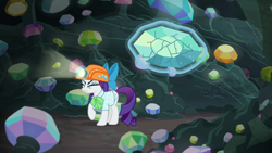 Size: 1920x1080 | Tagged: safe, screencap, rarity, pony, unicorn, dragon dropped, ascot tie, blouse, cave, clothes, cracks, eyes closed, female, feminism, flashlight (object), gem, gem cave, hard hat, helmet, levitation, magic, magic aura, mare, mining helmet, solo, telekinesis