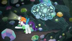 Size: 1920x1080 | Tagged: safe, screencap, rarity, pony, unicorn, dragon dropped, ascot tie, blouse, broken, cave, clothes, female, feminism, gem, gem cave, hard hat, helmet, levitation, magic, magic aura, mare, mining helmet, raised hoof, shards, shattered, solo, telekinesis