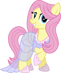 Size: 3806x4500 | Tagged: safe, artist:slb94, fluttershy, pegasus, pony, alternate hairstyle, clothes, dress, female, hoof shoes, looking at you, mare, raised hoof, see-through, simple background, smiling, solo, transparent background, vector