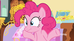 Size: 1920x1080 | Tagged: safe, screencap, pinkie pie, pony, it isn't the mane thing about you, :t, discovery family logo, shrug, shrugpony, solo, sugarcube corner