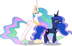 Size: 6234x4038 | Tagged: safe, artist:frownfactory, princess celestia, princess luna, alicorn, pony, sparkle's seven, .svg available, crown, faic, female, grin, horn, horseshoes, jewelry, mare, regalia, simple background, smiling, smirk, svg, transparent background, vector, wings