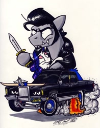 Size: 1024x1309 | Tagged: safe, artist:sketchywolf-13, rarity, oc, oc:sketchy, earth pony, pony, unicorn, canon x oc, car, clothes, female, fire, gasser, heart eyes, holding, horn, knife, lake pipes, lincoln (car), lincoln continental, male, mare, rat fink, sharp teeth, simple background, smoke, stallion, teeth, traditional art, white background, wingding eyes