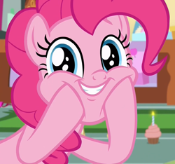 Size: 1154x1080 | Tagged: safe, screencap, pinkie pie, earth pony, pony, it isn't the mane thing about you, cropped, cute, diapinkes, female, happy, looking at you, mare, solo, sugarcube corner