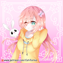 Size: 1100x1100 | Tagged: safe, artist:catifornia, angel bunny, fluttershy, human, clothes, female, hairclip, hoodie, humanized, patreon, patreon logo, solo