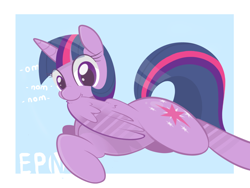 Size: 2000x1506 | Tagged: safe, artist:b-epon, derpibooru import, twilight sparkle, twilight sparkle (alicorn), alicorn, pony, behaving like a bird, cute, nom, preening, prone, smiling, solo, wings