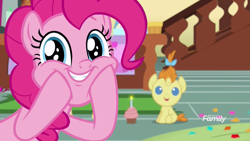 Size: 1279x719 | Tagged: safe, screencap, pinkie pie, pound cake, pumpkin cake, earth pony, pegasus, pony, unicorn, it isn't the mane thing about you, candle, cupcake, cute, diapinkes, discovery family logo, female, food, looking at you, mare, smiling, squishy cheeks