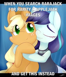 Size: 680x800 | Tagged: safe, artist:dshou, edit, applejack, coloratura, earth pony, pony, the mane attraction, applejack's hat, clothes, cowboy hat, eyes closed, female, hat, hug, image macro, lesbian, mare, meme, rara, rarajack, shipping, signature, smiling