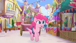 Size: 1777x1000 | Tagged: safe, screencap, mochaccino, pinkie pie, rare find, earth pony, pony, my little pony: the movie, balloon, canterlot, canterlot shopkeep, cart, cute, diapinkes, female, male, mare, open mouth, stallion, unnamed character, unnamed pony