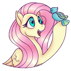 Size: 1000x1000 | Tagged: safe, artist:nessacity, fluttershy, bird, pegasus, pony, amazed, bust, hoof hold, looking at something, looking up, open mouth, portrait, simple background, smiling, solo, transparent background, wings