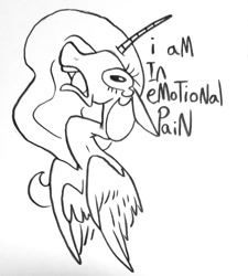 Size: 1048x1163 | Tagged: safe, artist:smirk, princess celestia, alicorn, pony, crying, dialogue, doodle, monochrome, solo, tears of pain