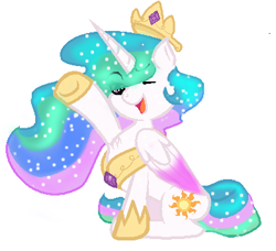 Size: 391x357 | Tagged: dead source, safe, artist:princessfireshiner, princess celestia, alicorn, pony, chibi, female, mare, raised hoof, simple background, sitting, solo, white background