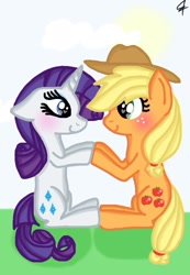 Size: 553x800 | Tagged: safe, artist:fizzy-soda, applejack, rarity, earth pony, pony, unicorn, applejack's hat, cowboy hat, female, floppy ears, hat, heart eyes, holding hooves, lesbian, looking at each other, mare, rarijack, shipping, smiling, wingding eyes