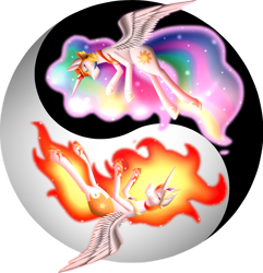 Size: 1024x1064 | Tagged: safe, artist:evyaricko, daybreaker, princess celestia, alicorn, pony, accessory swap, duality, eyes closed, signature, speedpaint available, yin-yang