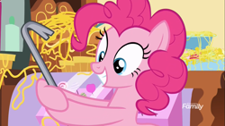 Size: 1915x1078 | Tagged: safe, screencap, pinkie pie, earth pony, pony, it isn't the mane thing about you, crowbar, eyes on the prize, female, grin, hoof hold, mare, smiling, solo, squee