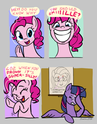 Size: 704x896 | Tagged: safe, artist:snapai, derpibooru import, pinkie pie, twilight sparkle, twilight sparkle (alicorn), oc, oc:pun, alicorn, earth pony, pony, anatomy, comic, facehoof, female, hoofy-kicks, mare, muscles, pun, smiling, speech bubble