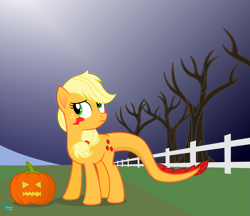 Size: 2491x2152 | Tagged: safe, artist:arifproject, applejack, monster pony, original species, tatzlpony, fence, halloween, holiday, jack-o-lantern, pumpkin, scared, solo, species swap, tatzljack, tree, vector