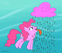 Size: 1000x867 | Tagged: safe, artist:empyu, pinkie pie, earth pony, pony, 30 minute art challenge, chocolate, chocolate rain, cloud, cotton candy, cotton candy cloud, female, food, mare, open mouth, rain, solo, tongue out