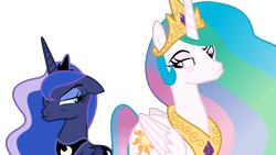 Size: 6000x3375 | Tagged: safe, artist:sketchmcreations, princess celestia, princess luna, alicorn, pony, sparkle's seven, female, floppy ears, grumpy, looking at each other, mare, pouting, simple background, transparent background, vector