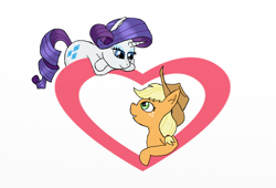 Size: 1326x900 | Tagged: safe, artist:eulicious, applejack, rarity, earth pony, pony, unicorn, applejack's hat, cowboy hat, female, hat, heart, lesbian, looking at each other, mare, rarijack, shipping, simple background, smiling, white background