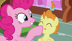 Size: 1920x1080 | Tagged: safe, screencap, pinkie pie, pumpkin cake, earth pony, pony, it isn't the mane thing about you, :p, boop, cute, discovery family logo, eyes closed, grin, nose wrinkle, smiling, squee, tongue out