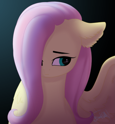 Size: 1155x1238 | Tagged: safe, artist:bastet-catmew, fluttershy, pegasus, pony, bust, floppy ears, hair over one eye, looking away, looking sideways, one wing out, portrait, solo