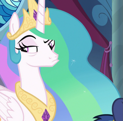 Size: 729x718 | Tagged: safe, screencap, princess celestia, alicorn, pony, sparkle's seven, celestia is not amused, cropped, crown, female, jewelry, mare, raised eyebrow, regalia, solo focus, unamused