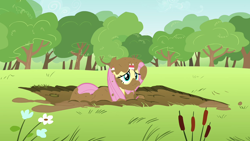 Size: 1280x720 | Tagged: safe, screencap, fluttershy, pegasus, pony, hurricane fluttershy, mud, solo, squishy