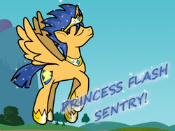 Size: 500x375 | Tagged: safe, artist:flashsentrysartwork, flash sentry, alicorn, pony, ask flash sentry, backwards cutie mark, eyes closed, flying, male princess, prince flash sentry, princess, princess flash sentry, race swap, smiling, solo, sparkles, spread wings, tiara, tumblr