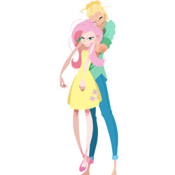 Size: 800x800 | Tagged: safe, artist:guywhodoesart, fluttershy, zephyr breeze, human, brother and sister, clothes, dress, duo, eyes closed, female, fluttershy is not amused, hug, humanized, jeans, male, pants, siblings, simple background, skinny, smiling, unamused, white background