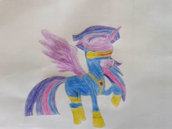 Size: 960x720 | Tagged: safe, artist:anonimo17, derpibooru import, masked matter-horn, twilight sparkle, cyclops, alternate costumes, cyclops (marvel comics), marvel, power ponies, simple background, traditional art, x-men