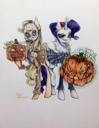 Size: 2317x2987 | Tagged: safe, artist:aiden, applejack, rarity, earth pony, pony, unicorn, clothes, dress, halloween, jack-o-lantern, jason voorhees, looking at you, mask, pixiv, pumpkin, traditional art