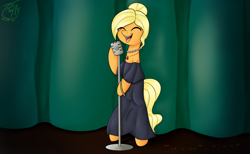 Size: 1280x788 | Tagged: safe, artist:puffysmosh, applejack, earth pony, pony, alternate hairstyle, bipedal, clothes, dress, microphone, singing, solo