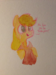 Size: 852x1136 | Tagged: safe, artist:whale, applejack, earth pony, pony, cowboy hat, crying, dialogue, hat, hatless, hoof hold, missing accessory, open mouth, solo, stetson, tears of joy, the smiling pony, traditional art, watercolor painting