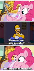 Size: 640x1336 | Tagged: safe, pinkie pie, earth pony, pony, it isn't the mane thing about you, comic, crowbar, exploitable meme, homer simpson, meme, text, the simpsons
