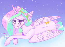 Size: 1400x1000 | Tagged: safe, artist:mylittlerainbowtail, princess celestia, alicorn, pony, beautiful, both cutie marks, cute, cutelestia, female, flower, flower in hair, looking at you, lying down, mare, night, sky, smiling, solo, stars, wings, wreath