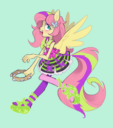 Size: 1100x1250 | Tagged: safe, artist:xenon, fluttershy, human, equestria girls, rainbow rocks, blushing, clothes, dress, eared humanization, eyeshadow, female, humanized, looking at you, makeup, musical instrument, open mouth, ponied up, shoes, simple background, smiling, solo, spread wings, tailed humanization, tambourine, winged humanization, wings