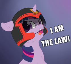 Size: 2693x2423 | Tagged: safe, artist:zippysqrl, derpibooru import, twilight sparkle, caption, cute, floppy ears, helmet, i am the law, judge dredd, looking at you, open mouth, solo, text, the smiling pony, twiabetes, yelling