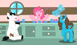 Size: 2916x1707 | Tagged: safe, artist:vcm1824, pinkie pie, oc, oc:chrissy, pony, cupcake, food, kung fu panda, levitation, magic, ponified, telekinesis