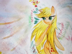 Size: 3390x2543 | Tagged: safe, artist:twistedmindbrony, applejack, earth pony, pony, photo, solo, traditional art, watercolor painting